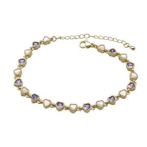 Copper Bracelets Pave Purple Zirocn Heart Gold Plated, approx 5mm, 18-24cm length
