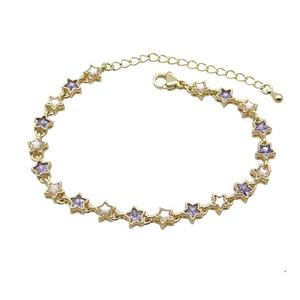 Copper Bracelets Pave Purple Zirocn Star Gold Plated, approx 6mm, 18-24cm length