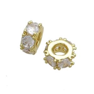 Copper Rondelle Beads Pave Zircon Large Hole Gold Plated, approx 7mm