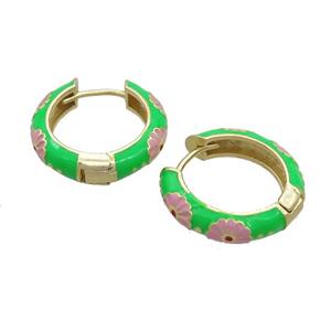 Copper Hoop Earrings Green Enamel Gold Plated, approx 19mm dia
