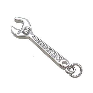 Copper Wrench Charm Pendant Pave Zircon Platinum Plated, approx 8.5-28mm