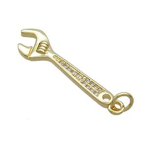 Copper Wrench Charm Pendant Pave Zircon Gold Plated, approx 8.5-28mm