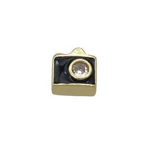 Copper Camera Charm Beads Pave Zircon Black Enamel Gold Plated, approx 9-10mm