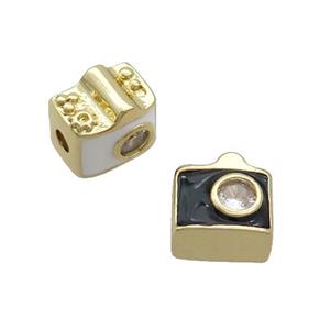 Copper Camera Charm Beads Pave Zircon Enamel Gold Plated Mixed, approx 9-10mm