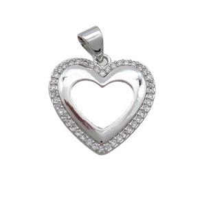 Copper Heart Pendant Pave Zircon Hollow Platinum Plated, approx 18mm
