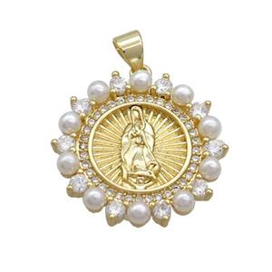 Copper Virgin Mary Charms Pendant Pave Pearlized Plastic Circle Gold Plated, approx 22mm