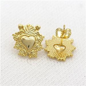 Copper Heart Stud Earring Gold Plated, approx 15-16mm