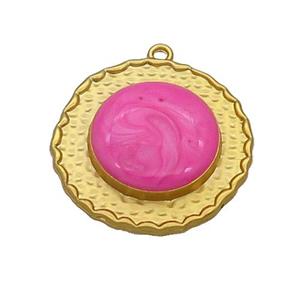 Copper Circle Pendant Hotpink Enamel Gold Plated, approx 25mm