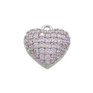 Copper Heart Pendant Pave Pink Zircon Platinum Plated, approx 12mm
