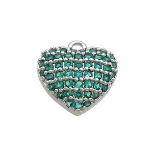 Copper Heart Pendant Pave Green Zircon Platinum Plated, approx 12mm