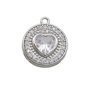 Copper Circle Pendant Pave Zircon Heart Platinum Plated, approx 14mm