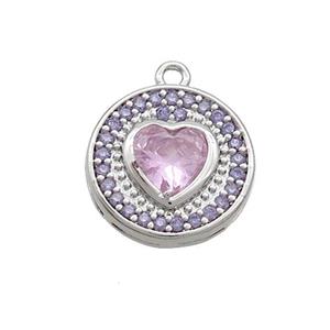 Copper Circle Pendant Pave Zircon Pink Heart Platinum Plated, approx 14mm