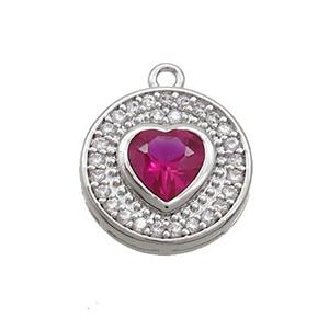 Copper Circle Pendant Pave Zircon Red Heart Platinum Plated, approx 14mm