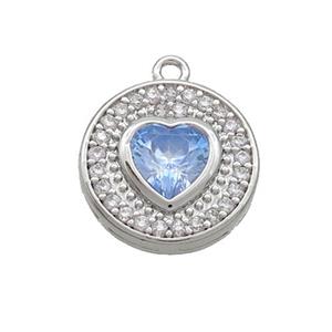 Copper Circle Pendant Pave Zircon Blue Heart Platinum Plated, approx 14mm