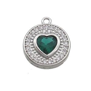 Copper Circle Pendant Pave Zircon Green Heart Platinum Plated, approx 14mm
