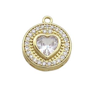 Copper Circle Pendant Pave Zircon Heart Gold Plated, approx 14mm