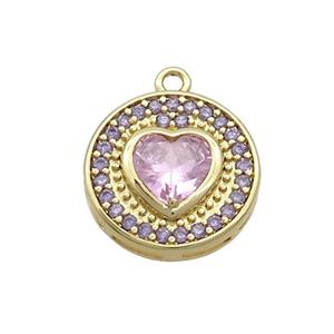 Copper Circle Pendant Pave Zircon Pink Heart Gold Plated, approx 14mm