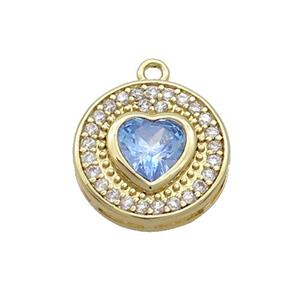 Copper Circle Pendant Pave Zircon Blue Heart Gold Plated, approx 14mm