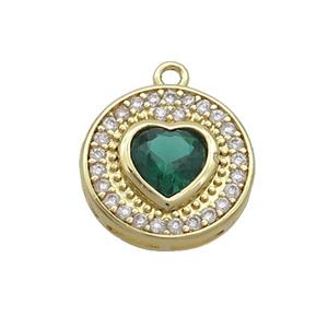 Copper Circle Pendant Pave Zircon Green Heart Gold Plated, approx 14mm