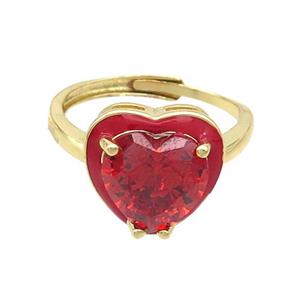 Copper Rings Pave Red Crystal Glass Enamel Heart Adjustable Gold Plated, approx 10mm, 18mm dia