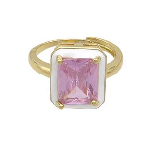 Copper Rings Pave Pink Crystal Glass Enamel Heart Adjustable Gold Plated, approx 11-13mm, 18mm dia