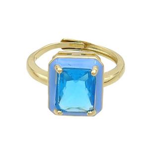 Copper Rings Pave Blue Crystal Glass Enamel Heart Adjustable Gold Plated, approx 11-13mm, 18mm dia