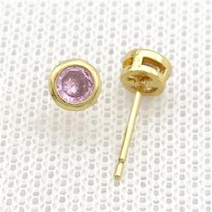 Copper Stud Earrings Pave Pink Zircon Gold Plated, approx 5mm
