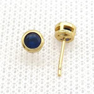 Copper Stud Earrings Pave Darkblue Zircon Gold Plated, approx 5mm