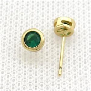 Copper Stud Earrings Pave Green Zircon Gold Plated, approx 5mm