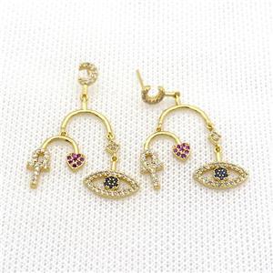 Copper Stud Earrings Pave Zircon Eye Gold Plated, approx 6.5mm, 6-10mm, 40mm