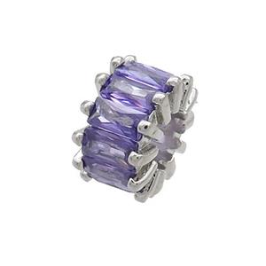 Copper Rondelle Beads Pave Purple Zircon Large Hole Platinum Plated, approx 10mm, 4mm hole