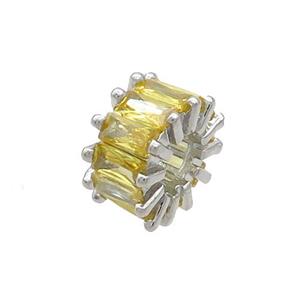 Copper Rondelle Beads Pave Yellow Zircon Large Hole Platinum Plated, approx 10mm, 4mm hole