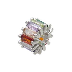 Copper Rondelle Beads Pave Multicolor Zircon Large Hole Platinum Plated, approx 10mm, 4mm hole