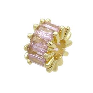Copper Rondelle Beads Pave Pink Zircon Large Hole Gold Plated, approx 10mm, 4mm hole