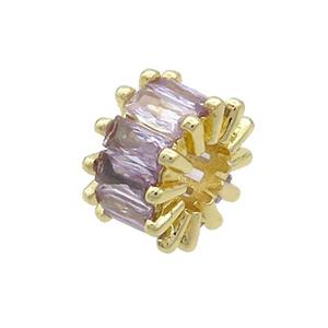 Copper Rondelle Beads Pave Purple Zircon Large Hole Gold Plated, approx 10mm, 4mm hole