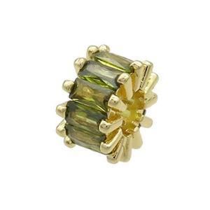 Copper Rondelle Beads Pave Olive Zircon Large Hole Gold Plated, approx 10mm, 4mm hole
