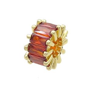 Copper Rondelle Beads Pave Red Zircon Large Hole Gold Plated, approx 10mm, 4mm hole