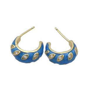 Copper Stud Earrings Pave Zircon Blue Enamel Gold Plated, approx 14mm