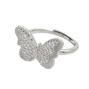 Copper Butterfly Rings Pave Zircon Adjustable Platinum Plated, approx 14-20mm, 18mm dia