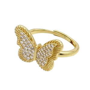 Copper Butterfly Rings Pave Zircon Adjustable Gold Plated, approx 14-20mm, 18mm dia