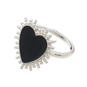Copper Rings Heart Black Enamel Adjustable Platinum Plated, approx 19mm, 18mm dia