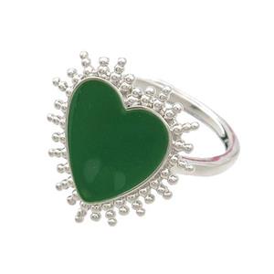 Copper Rings Heart Green Enamel Adjustable Platinum Plated, approx 19mm, 18mm dia