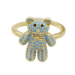 Copper Bear Rings Pave Turqblue Zircon Gold Plated, approx 14-17mm, 18mm dia