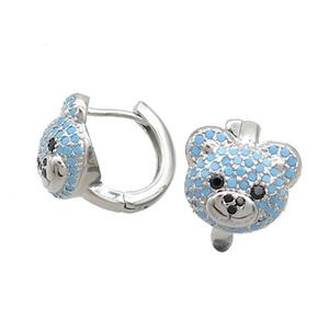 Copper Hoop Earring Pave Turqblue Zircon Bear Platinum Plated, approx 10-11.5mm