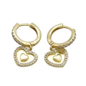 Copper Hoop Earring Pave Zircon Heart Gold Plated, approx 11mm, 14mm dia