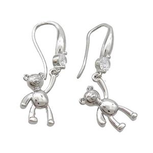Copper Hook Earrings Pave Zircon Bear Platinum Plated, approx 14-16mm, 11-20mm