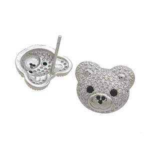Copper Stud Earrings Pave Zircon Bear Platinum Plated, approx 12-14mm