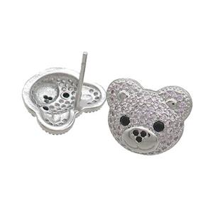 Copper Stud Earrings Pave Pink Zircon Bear Platinum Plated, approx 12-14mm