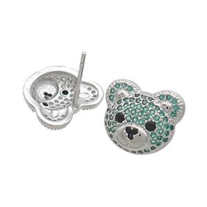 Copper Stud Earrings Pave Green Zircon Bear Platinum Plated, approx 12-14mm