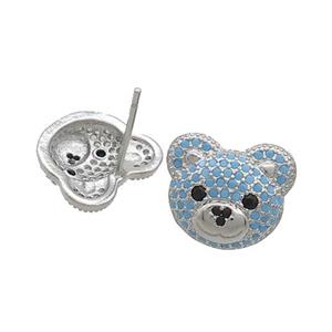 Copper Stud Earrings Pave Turqblue Zircon Bear Platinum Plated, approx 12-14mm